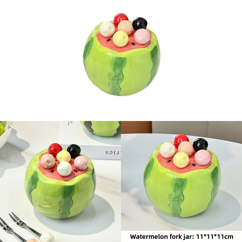 Watermelon Fruit Shape Storage Jar With Six Stainless Steel Forks For Kids Daily Use