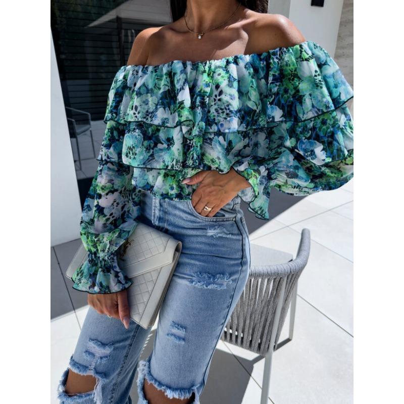 New Spring Off-the-shoulder Floral Printed Layer Ruffled Women Blouse Sexy Long Sleeve One-word Collar Shirt Sweet Loose Casual Tops Clothing