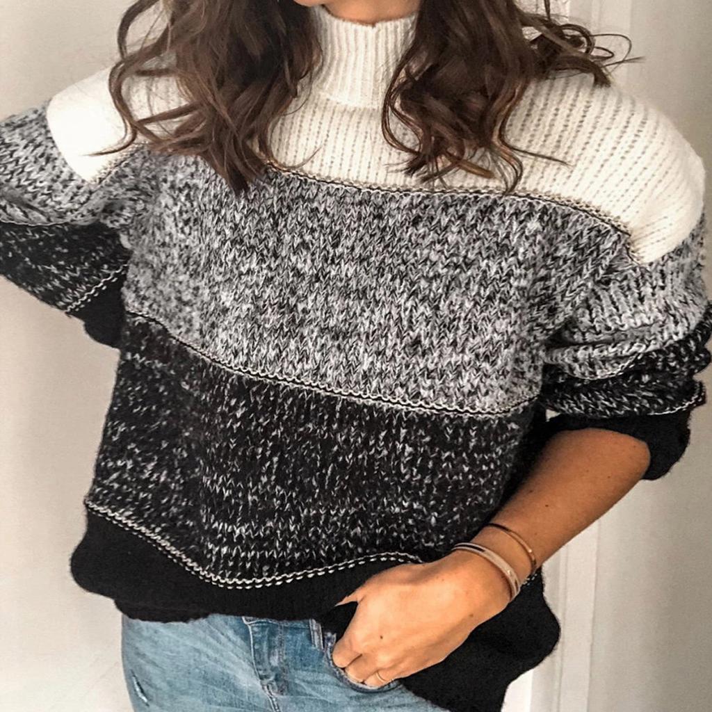 Women  Loose Stripe Print Stitching Long-Sleeved Knitted Sweater