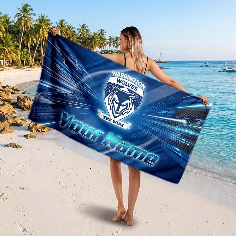 Warrington Wolves Customized Name Text Beach Towel, Soft Absorbent Towel Beach Pool Travel Personal Gift
