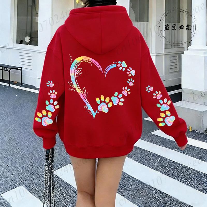 Herz Hundepfote Aufdruck Hoodies Damen Lässig Mode Alleskönner Kapuzenpullover Fleece Warm Neue Pullover Harajuku Trend Kapuzenpullover