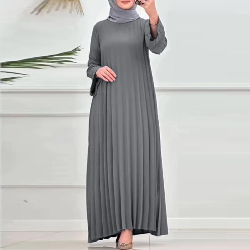ZANZEA Women Casual Round Neck Loose Long Sleeve Pleated Dress
