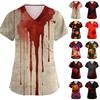Women's V Neck Short Sleeve Work Top with Pockets Halloween Print Medical Uniform for Caregivers and Healthcare Professionals