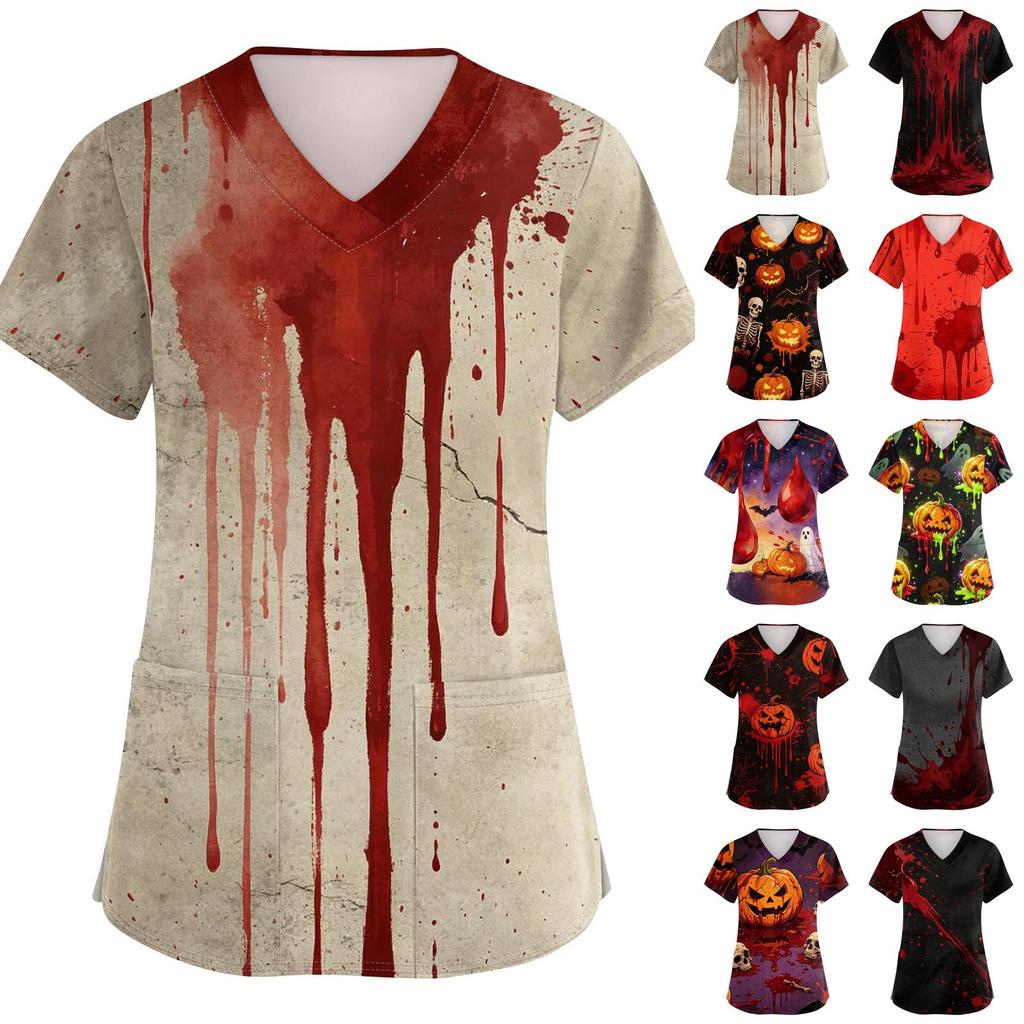 Women's V Neck Short Sleeve Work Top with Pockets Halloween Print Medical Uniform for Caregivers and Healthcare Professionals