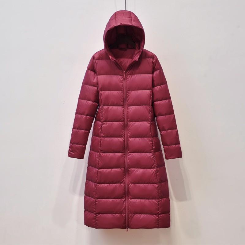 Womens Lightweight Long Down Coat With Hood Slim Fit Knee-Length Duck Jacket Winter