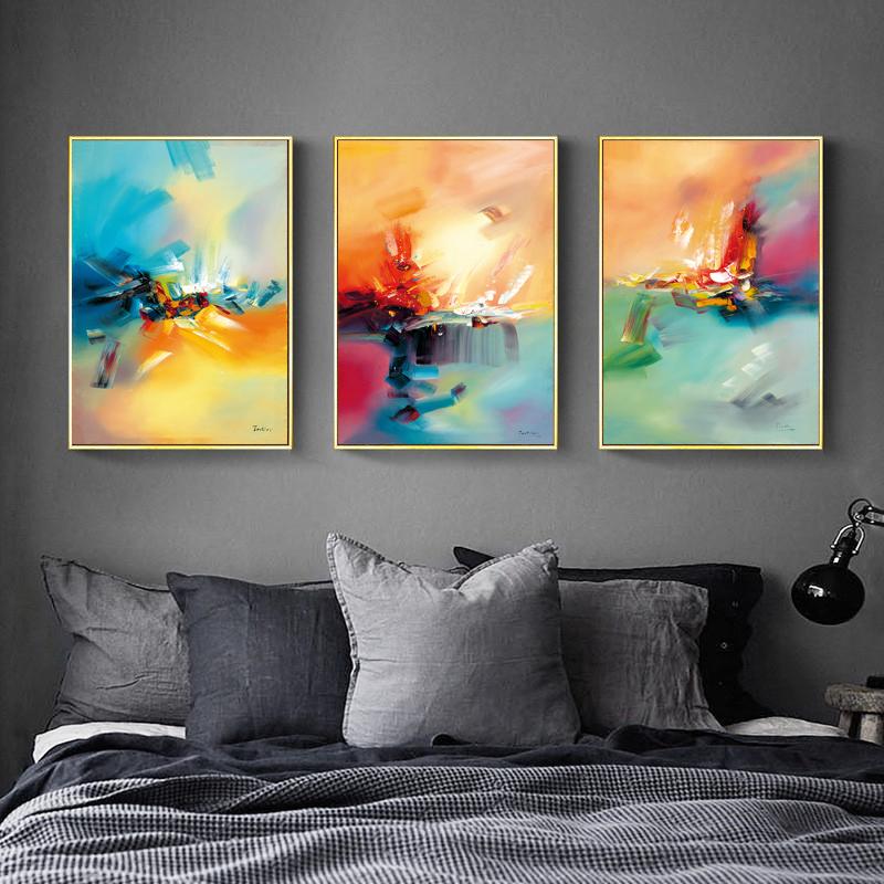 Artă de perete abstractă colorată, galben, roz, albastru, foaie de vis, pictură în ulei, pânză, imagini de perete pentru decorarea camerei, acuarele, lucrări de artă