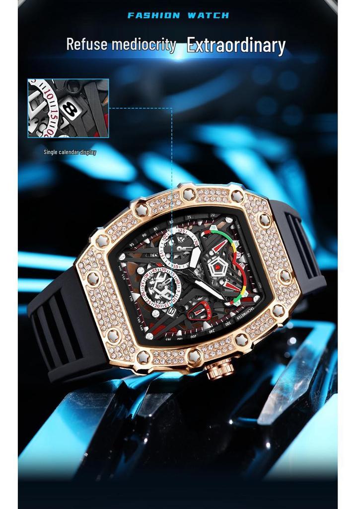 Oufannishi Barrel-Shaped Quartz Waterproof Skeleton Men's Watch with Calendar and Luminous Features