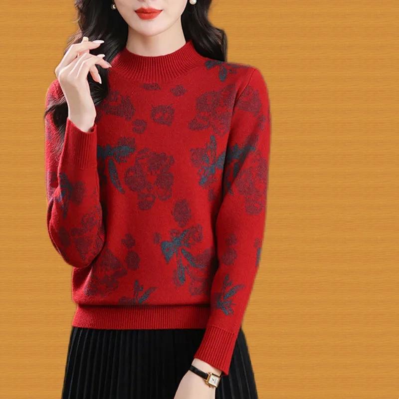 Autumn Winter Semi-turtleneck Jacquard Women's Sweater Autumn and Winter New Fashion Knitted Bottoming Shirt Top