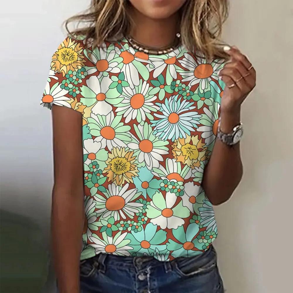 Summer Round Neck 3D Flower Pattern Printed Top Fashionable Casual Short Sleeved Women's T-shirts