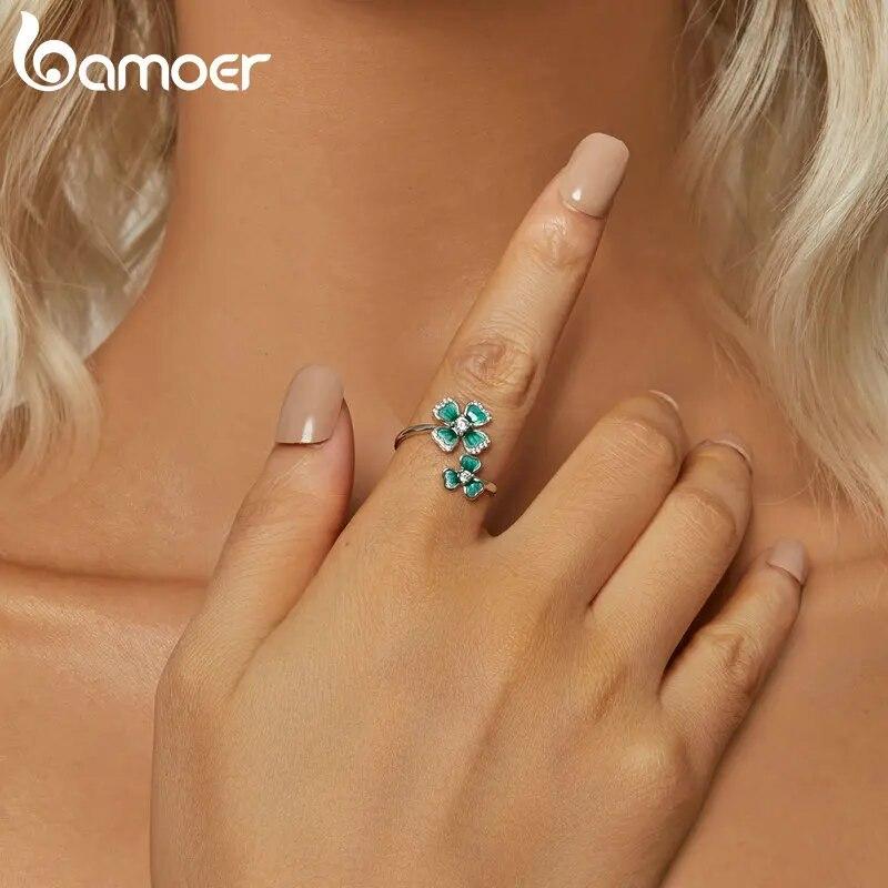 Bamoer 925 Sterling Silver Elegantní čtyřlístek, nastavitelný květinový prsten, jednoduchý prsten pro ženy