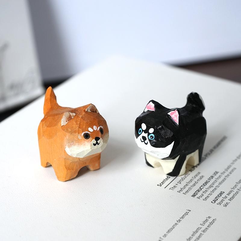 Handmade Wooden Carving Akita Shiba Husky Cute Dog Decor Office Desk Car Ornament