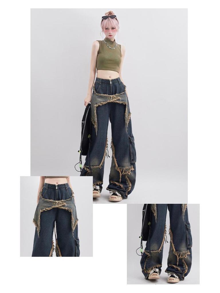 Unisex Retro Loose-Fit Raw Edge Wide-Leg Jeans for Autumn