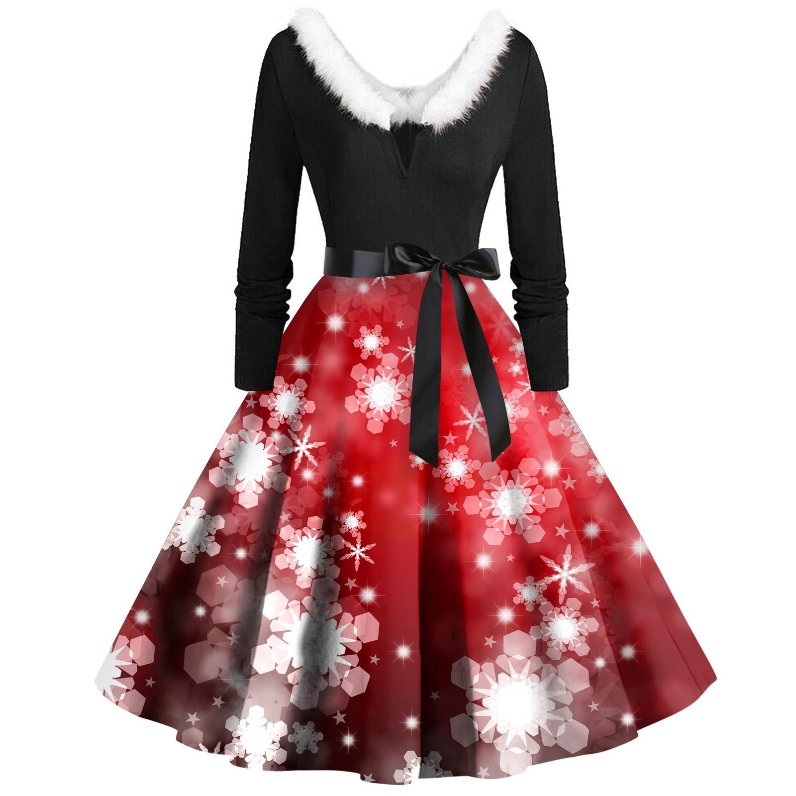 

Женское повседневное и модное платье с длинными рукавами и V-образным вырезом с рождественским принтом на молнии S винный