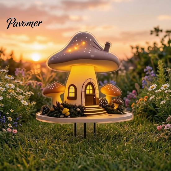 Waterproof Garden Stakes Mushroom Hut Stake, Whimsical Acrylic Yard Art Fairy Unique Gardening Gift Tale Cabin Outdoor Ornament for Lawn Patio Flower