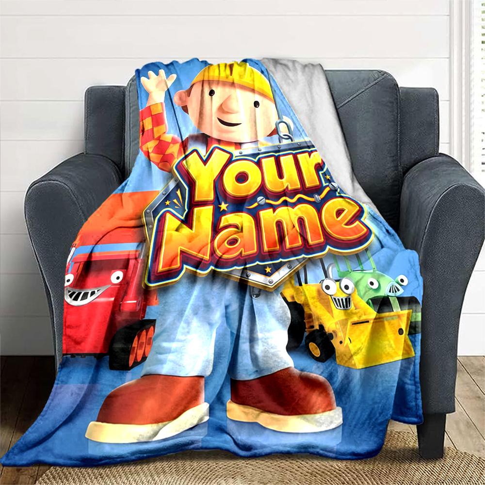 1pc Bob the Build Blanket with Custom Name, Gift, for Men and Women, Soft Blanket, Good for Sofa Bed Couch Travel, Lightweight Flannel Blanket