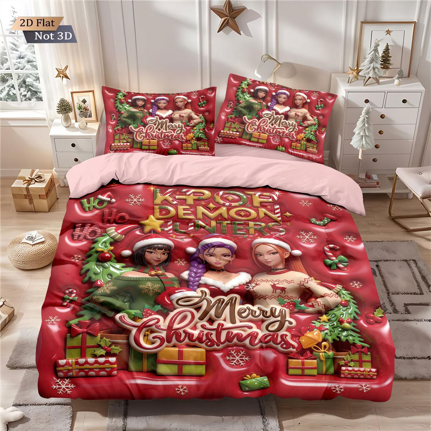 

3pcs Christmas imitation relief K-Pop Demon Hunters printed coreless down comforter set, multi size bedroom bedding decoration 135x200cm-EU-Single&set
