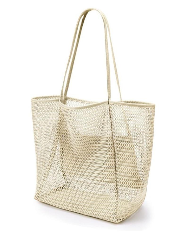Women Large Capacity Beach Bag Durable Polyester Woven Shoulder Bag Portable Storage Bag Foldable Swimming Bag for Travel Purse бежевый