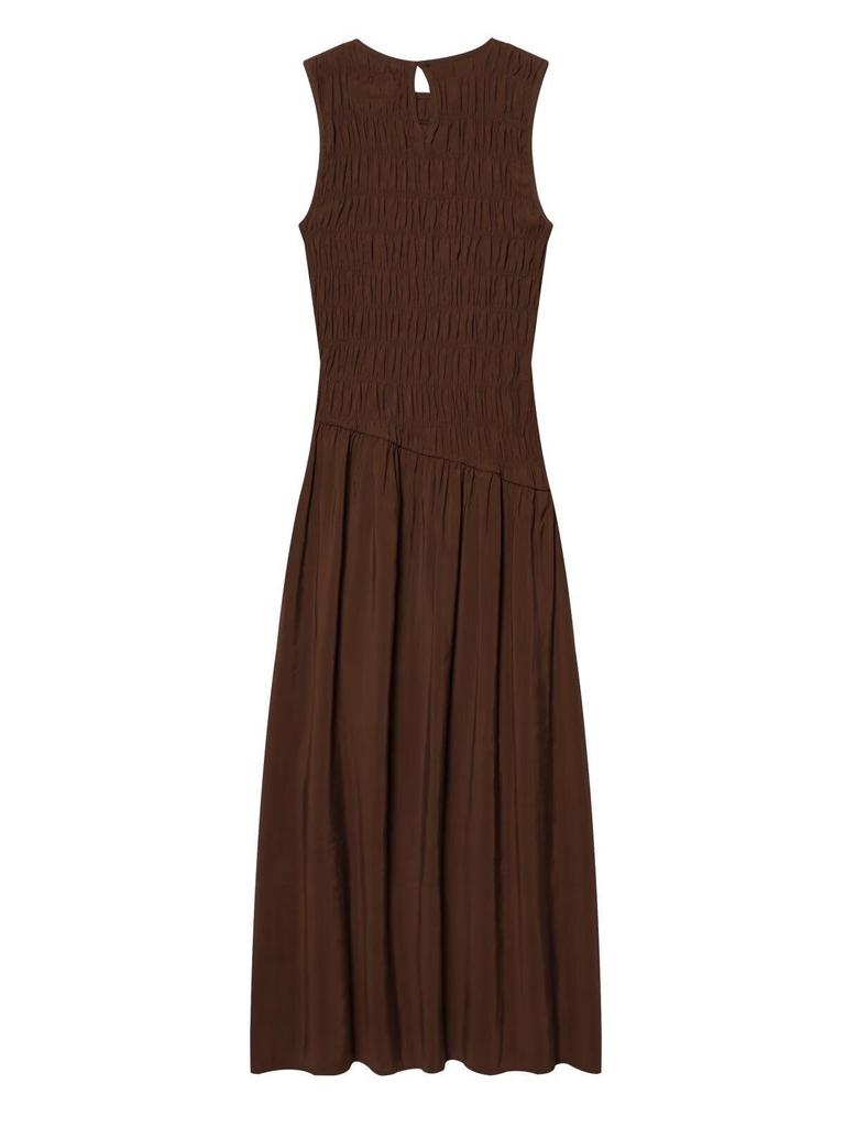 2026 Hot-Selling Retro Coffee Pleated Sleeveless Women's Long Dress with Waist-Cinched Big Hem