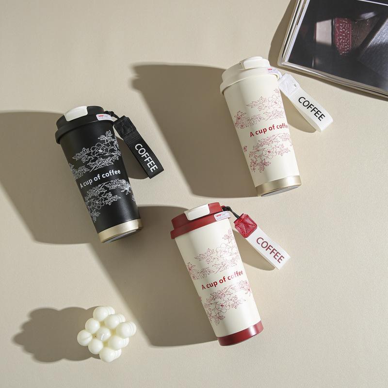 Stainless Steel Lily of Valley Thermal Mug Office Water Bottle Tea Coffee Cup Double Drink Straw Water Bottle Reusable Travel