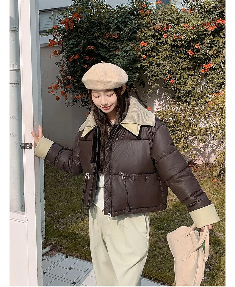 Knitted Lapel Short Down Jacket Women's Winter Thickened PU Leather Stitching Jacket