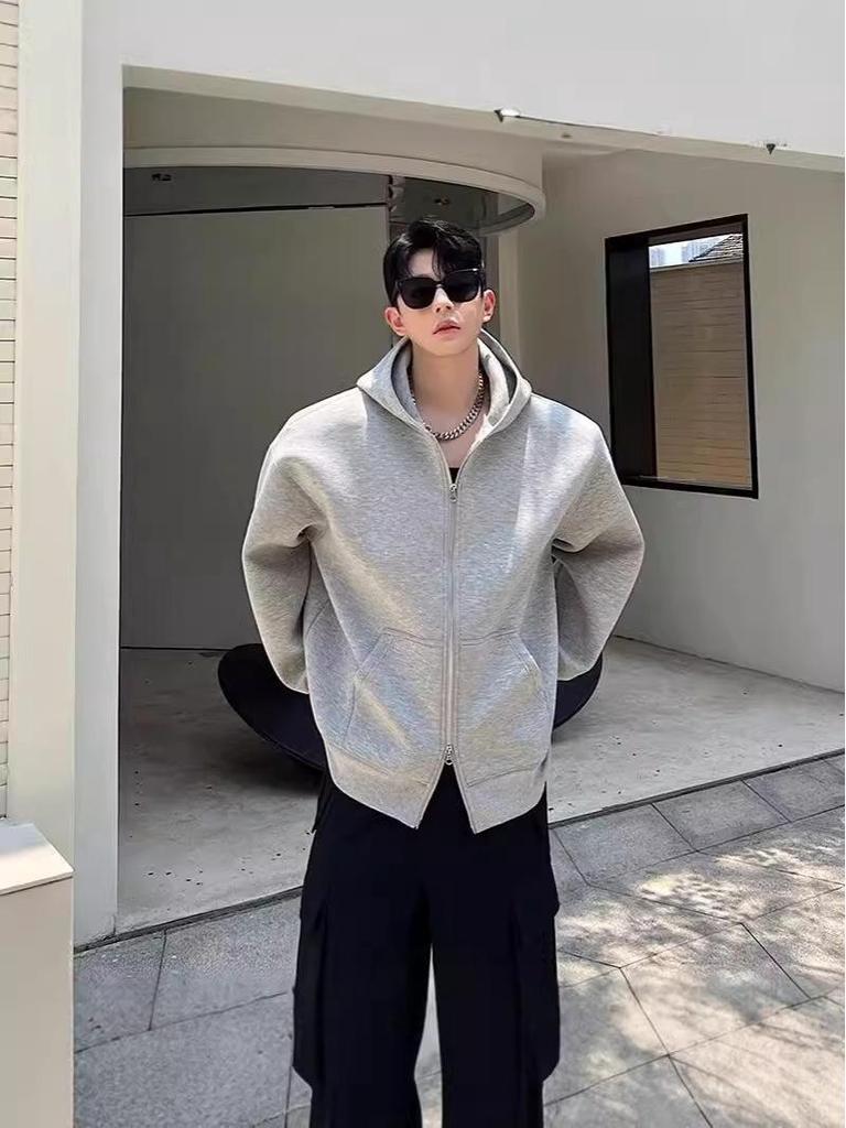 2024 Autumn/Winter American Style Heavyweight Double Zipper Hoodie - Trendy Solid Color Cardigan with Air Layer and Cool Design