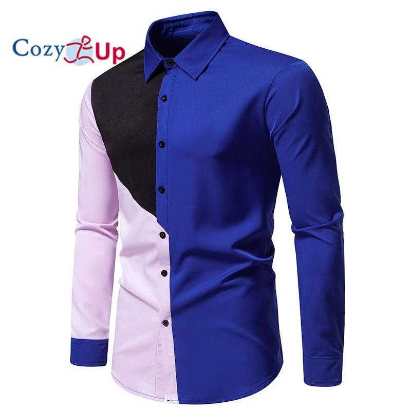 Cozy Up Mens Fashion Patchwrok Dress Shirt 2023 Brand New Slim Fit Colorblock Shirt Men Business Social Shirt Male Hit Color Chemise 2XL