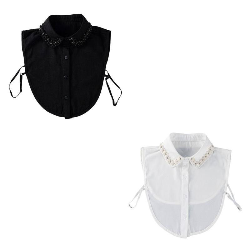 Comfortable Polyester Detachable Collar for Women Faux Pearls and Bead Removable Button Lightweight False Collar Shirt