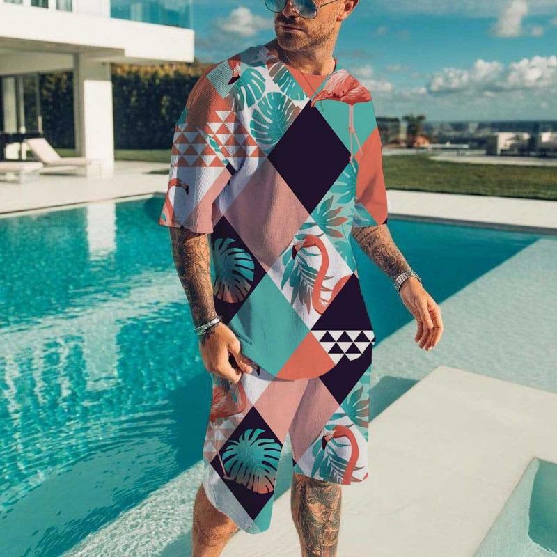 Men's Beach Set Hawaiian T-shirt Vacation Casual Beach Pants Suit Fashion Full Print Tshirt Set Top New Mens Tees Short Two Set