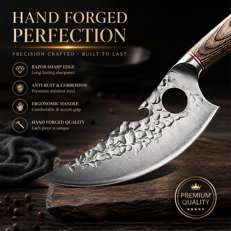 Hand Forged Kitchen Prep Knife Hammered Texture Steel Blade Ergonomic Wooden Handle Household Cooking Knife for Daily Meat and Food Preparation