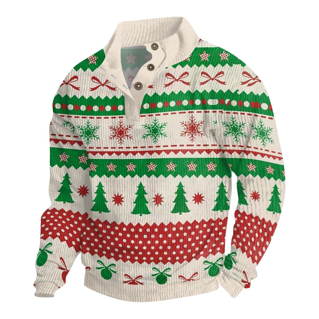 Men's Christmas Cotton Pullover Long Sleeve Outdoor Shirt Vintage Corduroy Button Stand Collar Shirt Casual Sweatshirt Christmas Print Top