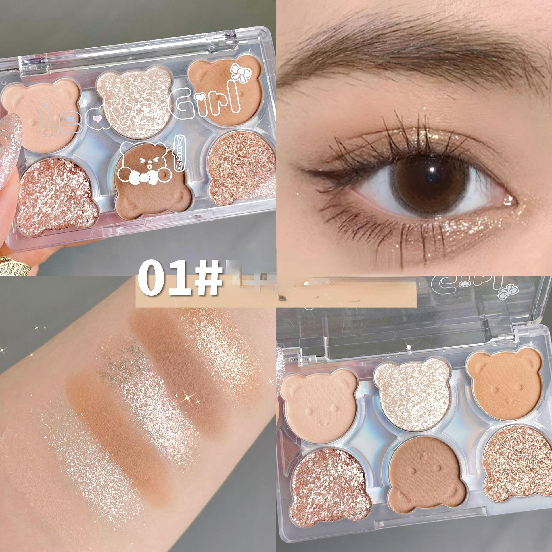 

6-цветная палитра теней для век с милым медведем, телесные блестящие жемчужные тени для век, матовая стойкая палитра для макияжа глаз, косметика XYZ