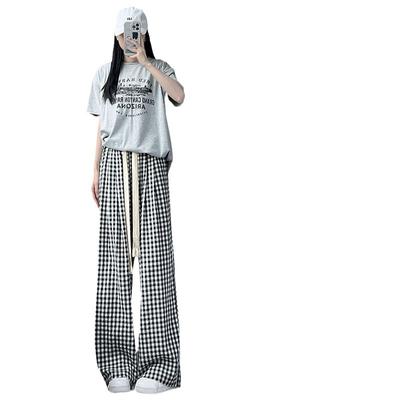 Summer Thin High Waist Drooping Cotton and Linen Loose Wide-leg Pants for Women Korean Style Student Plaid Pants Slim and Versatile Casual Pants
