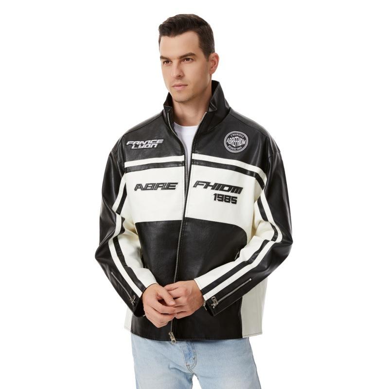 

Американские уличные мотоциклетные костюмы Весенне-осенняя мужская куртка из ПУ кожи Гоночный костюм Контрастный цвет Ретро кожаная куртка Куртка со стойкой XXXL чёрный