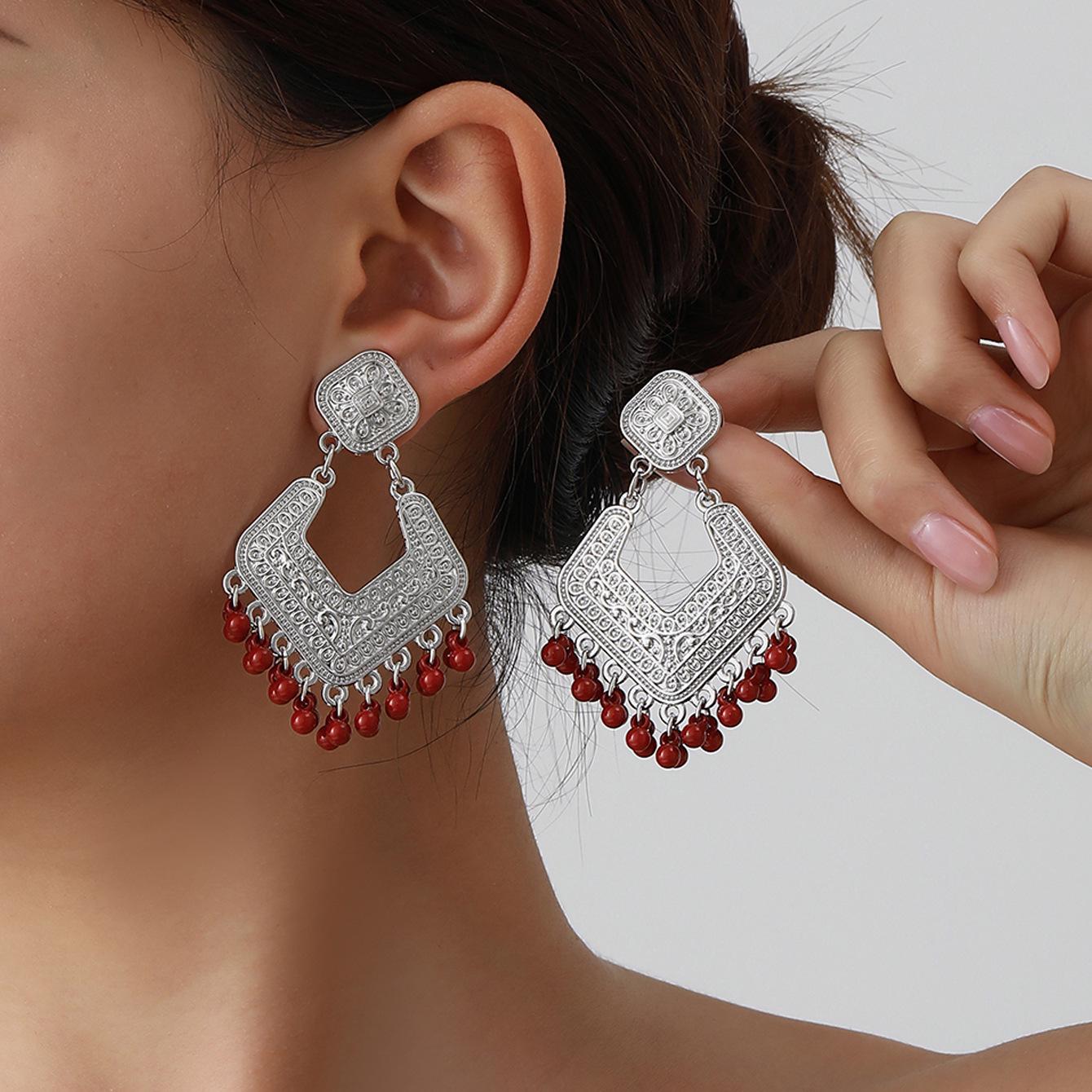 Eco-friendly Alloy Women s Bold Metal Earrings with Colorful Beaded Tassels