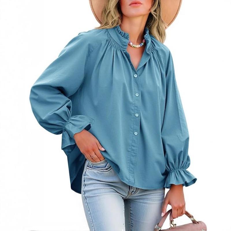 Spring and Autumn New Women's Elegant and Sweet Loose Casual Lantern Sleeve V-neck Ruffle Shirt