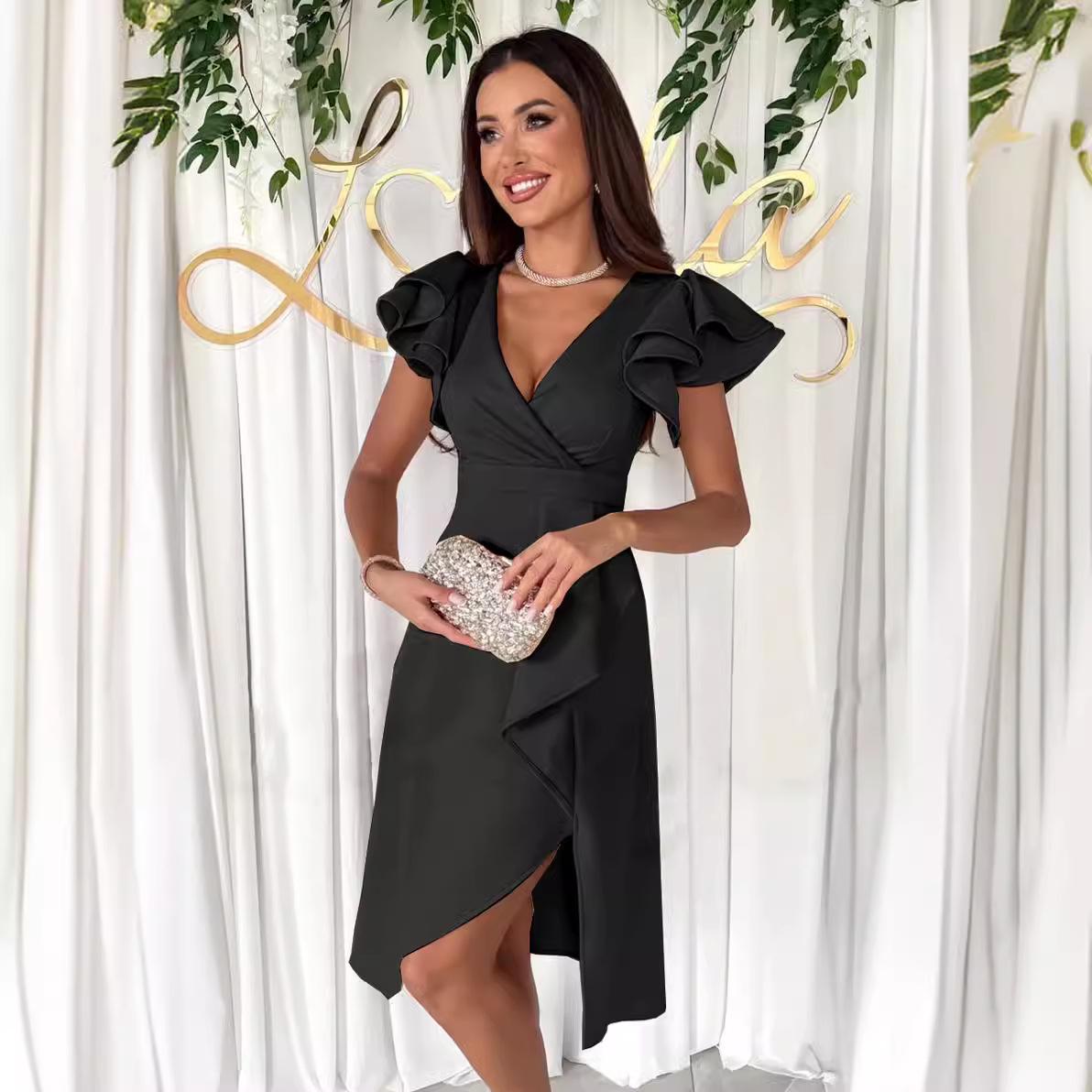 

Европейское и американское женское сексуальное платье-бодикон с V-образным вырезом и оборками XL чёрный