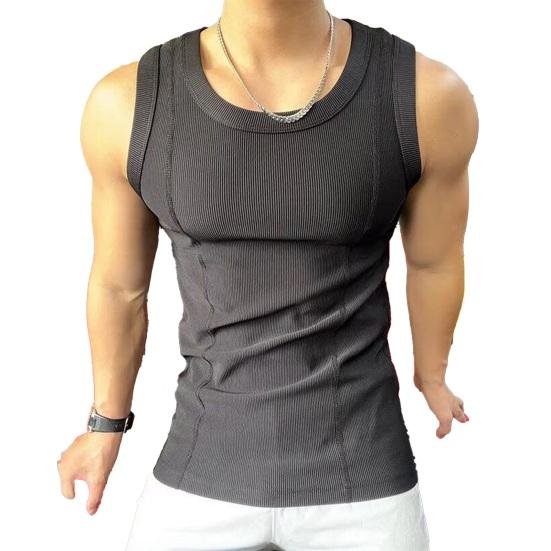 Men Vest Crew Collar Sleeveless Summer Tops Pure Color Ribbed Sport Camisole Lightweight Breathable Quick-Drying Tank Tops