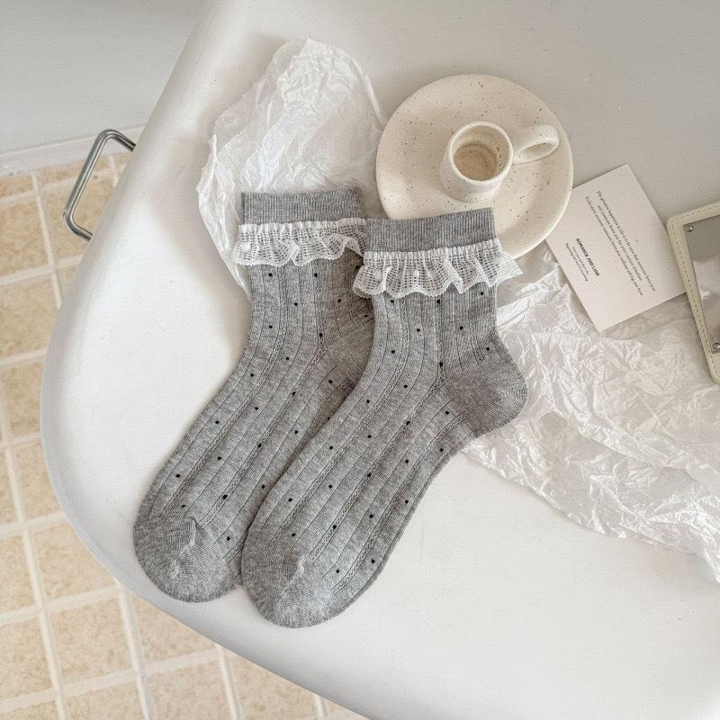 Spring and Summer Girls' Short Legged Lace-Ribbed Padded Socks with Polka Dots and Openwork Design - Perfectly Versatile Lightweight Socks