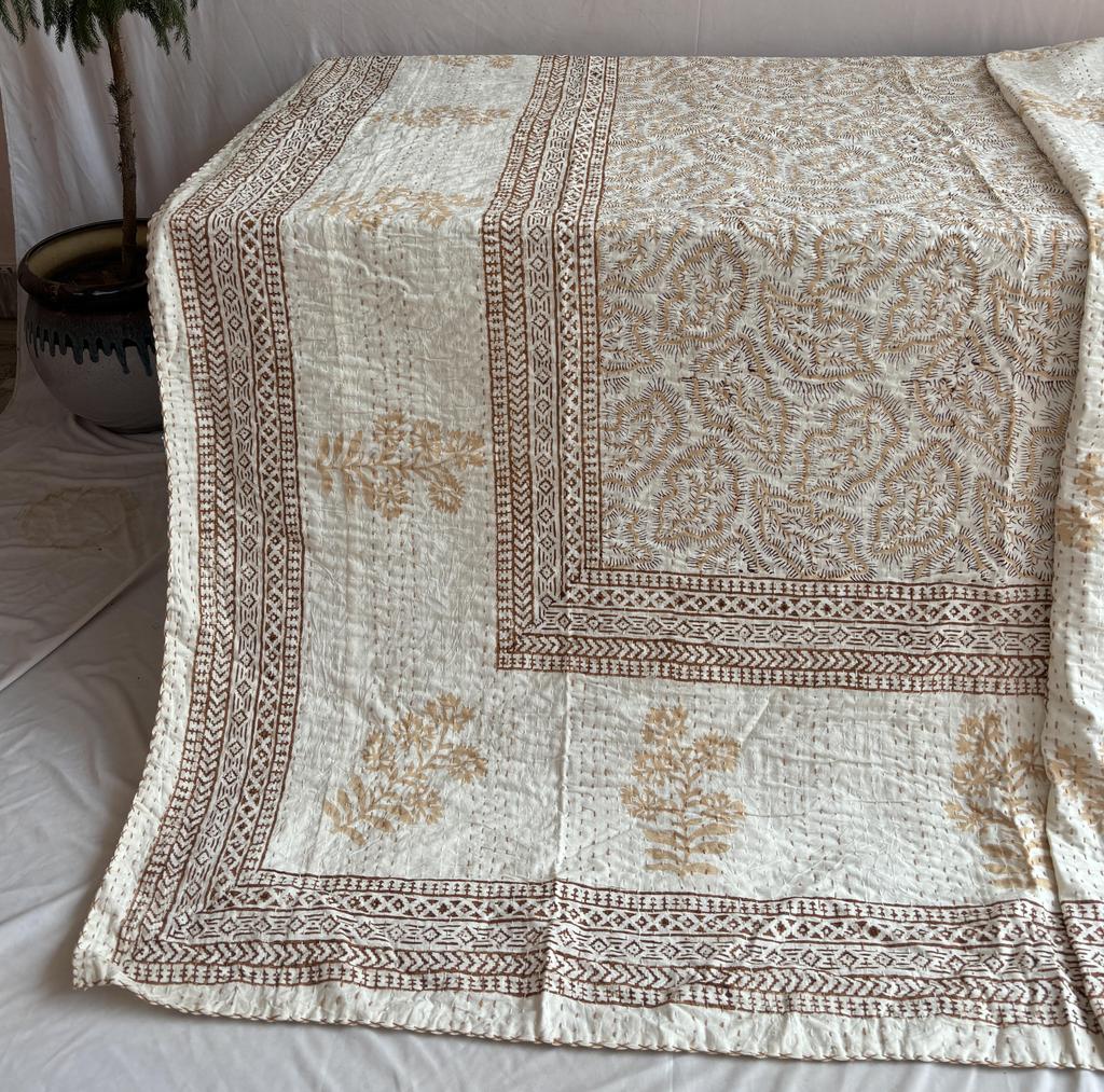 Kantha Stitch Pure Cotton Reversible Bed/Sofa Throw King Size | Handmade Hand Printed Floral Dohar | Gudari Kantha Bedspread blanket