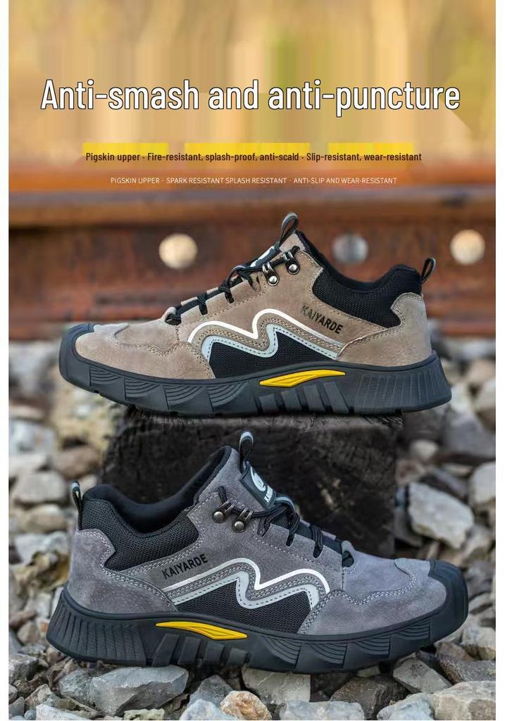 Thunderbolt Shield Low-Top Cowhide Safety Shoes: Anti-Smash, Anti-Puncture, Insulated, Wear-Resistant Rubber Outsole.
