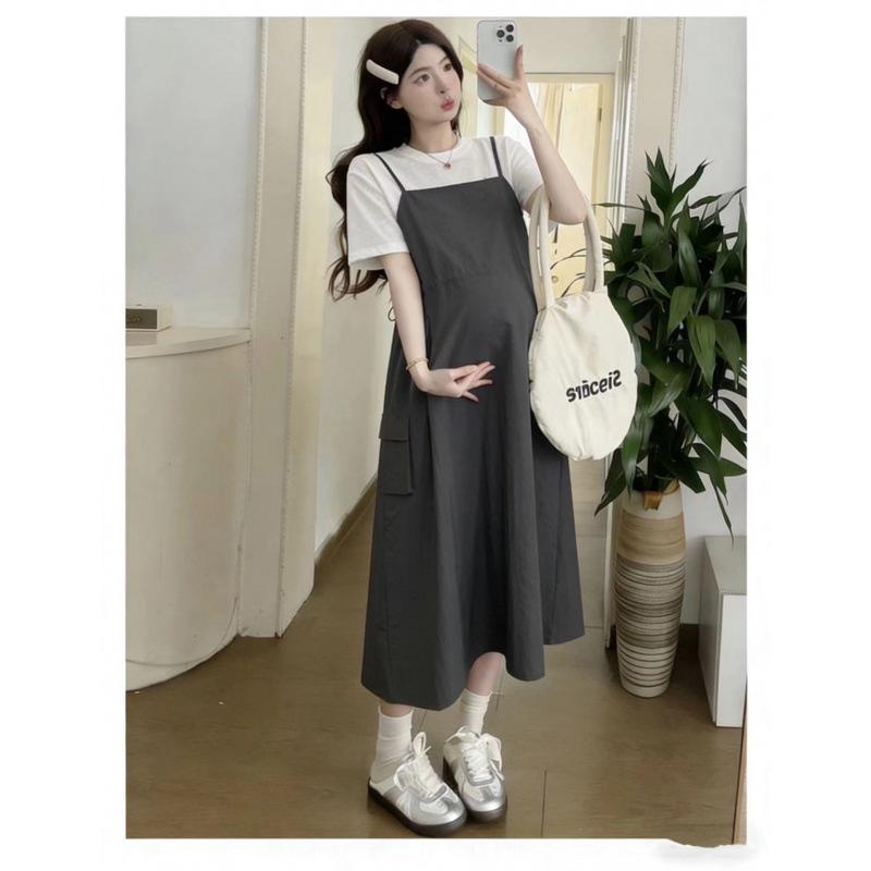 

Maternity Summer Set: Waist-Cinching Vest Dress + Round Neck Short-Sleeved Top L