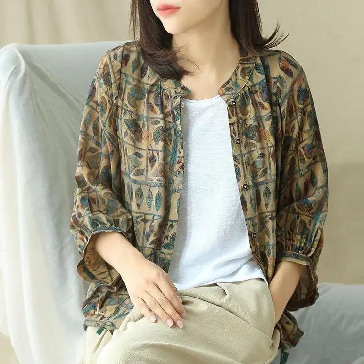 Women's Cotton and Linen Printed Shirt, Loose Covering Meat, Thin Casual Top