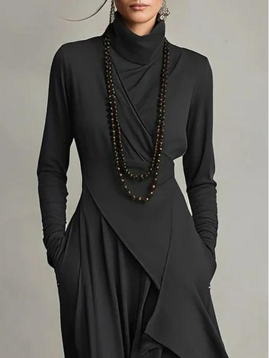2025 European Women's Solid Color Long Sleeve Turtleneck Maxi Dress