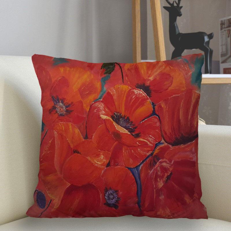 Bedroom Living Room Home Decor Cushion Cover Poppy Flower Pattern Pillowcase Square
