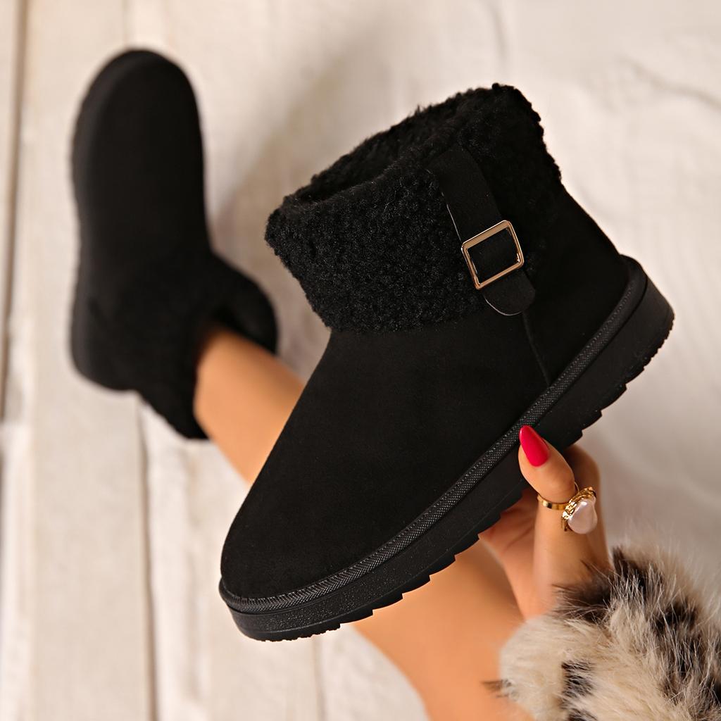 Women's Wide Width Faux Fur Snow Boots, Buckle & Lace-Up Ankle Boots, Reversible Cuff Winter Booties for Women