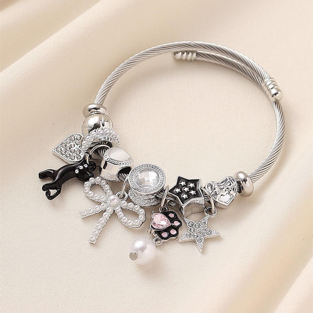 Stainless Steel Cat Bowknot Star Charm Bracelet For Fashion Casual Wear