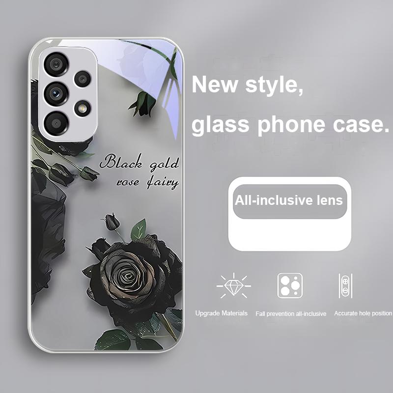 Hot Stamping Rose Black For Samsung Galaxy S24 Plus S20 21 FE S23 Ultra S8 9 A70 72 73 50 51 52 53 Tempered Glass Phone Case