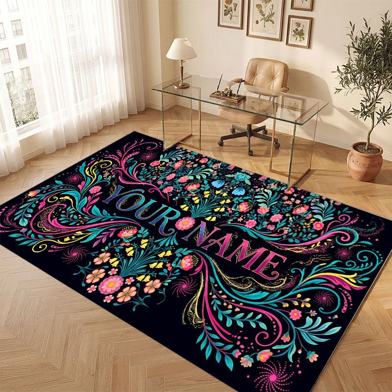 Alfombra de Piso de Terciopelo de Cristal con Tema de Jardín Floral Alfombra Cálida con Texto de Nombre Personalizado Decoración del Hogar