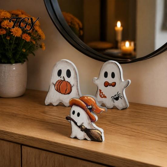 Lightweight Halloween Party Supplies Cute Ghost Sign, Pumpkin Tombstone Wooden Plaque Reusable Autumn Seasonal Accents for Tiered Tray Decor,