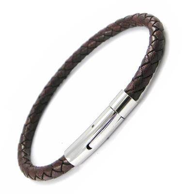 [I1123] - Silver Brown 'Tony' Leather Steel Bracelet - 6 Mm